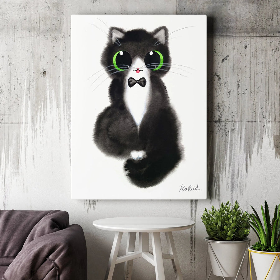 Black Cat Wall Art | Whimsical Watercolor Kitten with Bow Tie | Gallery Quality 1.25" Premium Canvas | Nursery or Living Room Decor Gift