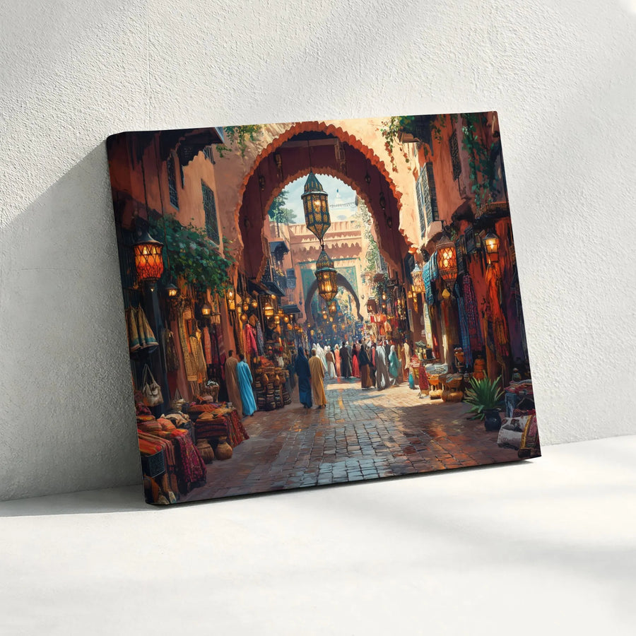 Moroccan Souk Canvas Print | Vibrant Market Scene with Lanterns | Premium 1.25-inch Gallery Wrapped Art | Cultural Home Decor Gift