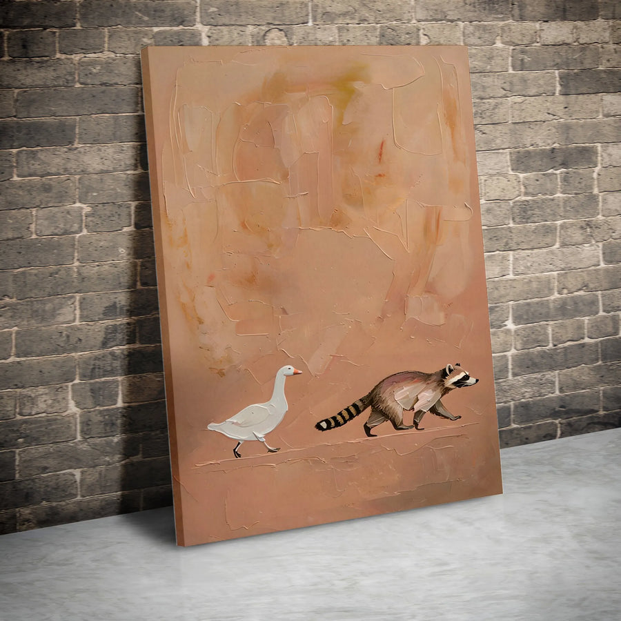 Goose and Raccoon Wall Art | Whimsical Animal Oil Painting Style | Premium 1.25" Gallery Wrapped Canvas | Charming Home Decor for Animal Lovers