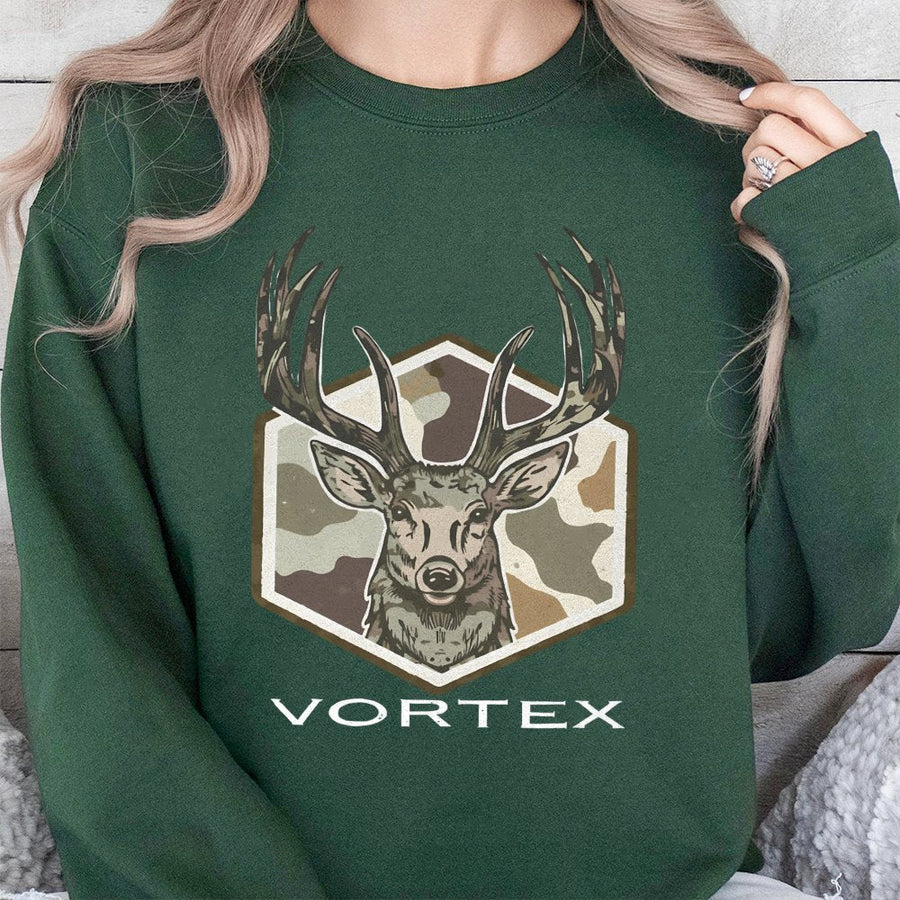 Deer Hunting Sweatshirt | Camo Buck Head Graphic | Premium Cotton Blend Crewneck | Outdoor Gift for Hunters and Wildlife Enthusiasts