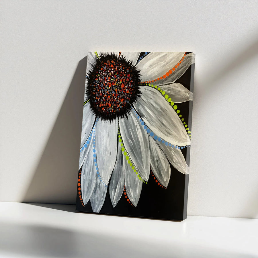 Abstract Sunflower Canvas Wall Art | Monochrome Floral Print with Colorful Accents | Gallery Wrap Premium Print | Modern Home Decor Gift