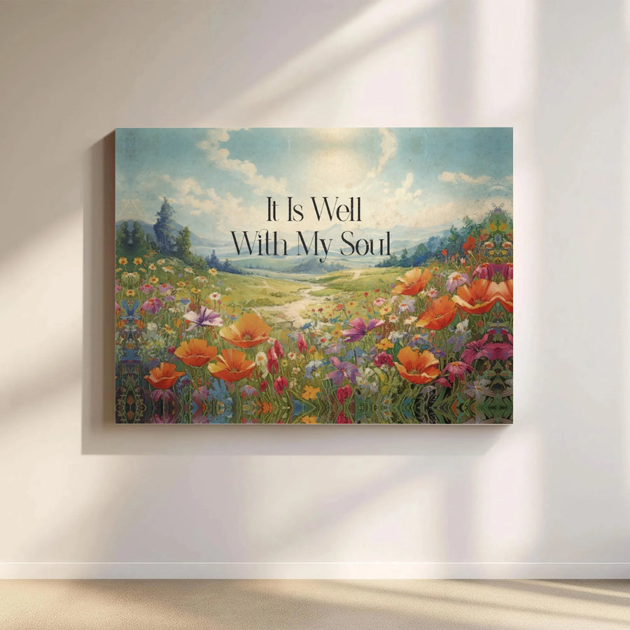 It Is Well With My Soul Horizontal Canvas | Vintage Wildflower Meadow Landscape Scene | Premium 1.25" Gallery Wrap Canvas Print | Inspirational Christian Hymn Gift for Home