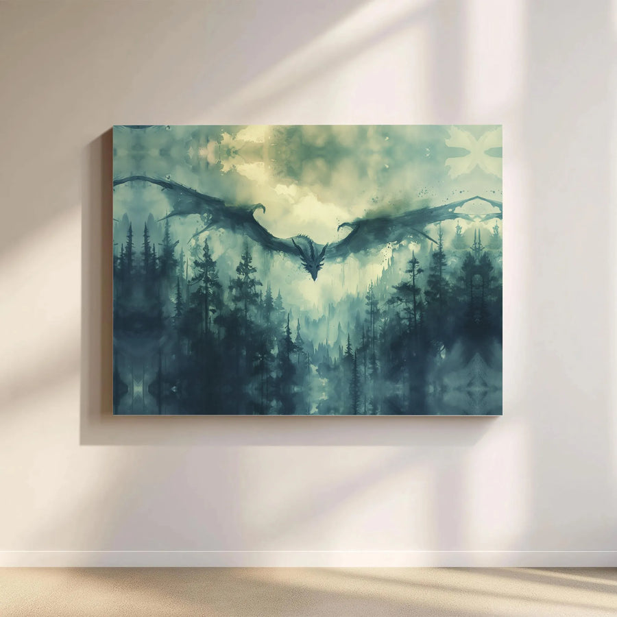 Dragon Wall Art Canvas | Misty Forest Fantasy Landscape | Premium Fade-Resistant Gallery Wrap | Gift for Fantasy Lovers