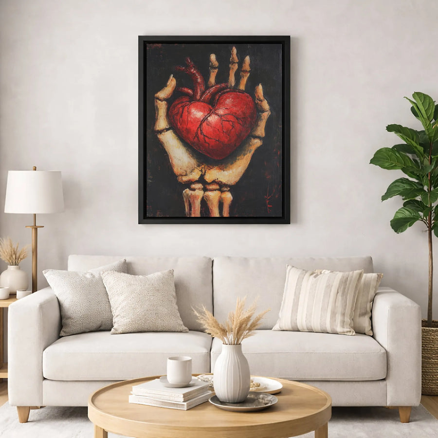 Skeleton Hand Holding Heart Canvas Print | Anatomical Gothic Wall Art | Premium Gallery Wrapped Decor | Dark Academia Gift for Home Office