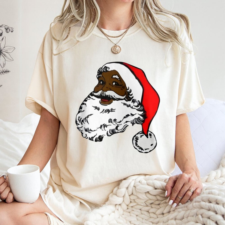Black Santa T-Shirt | African American Santa Claus Portrait | 100% Cotton Premium Tee | Inclusive Christmas Holiday Gift for Men and Women