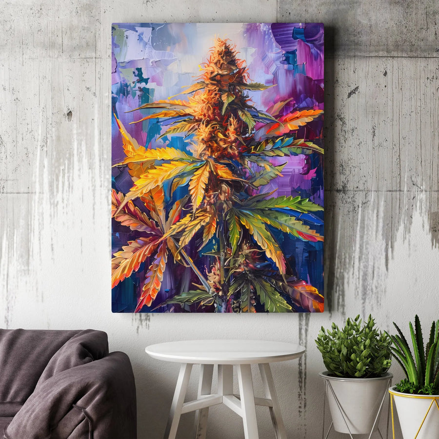 Cannabis Plant Wall Art | Abstract Impressionist Oil Painting Style | 1.25-Inch Premium Gallery Wrap Canvas | Modern Botanical Decor for Home Office