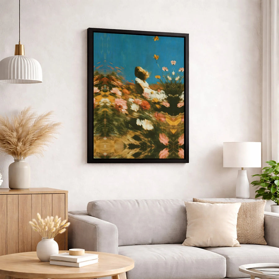 Surreal Floral Field Canvas Art | Woman In Garden Abstract Print | Premium Gallery Wrapped Wall Decor | Whimsical Nature Aesthetic Home Gift