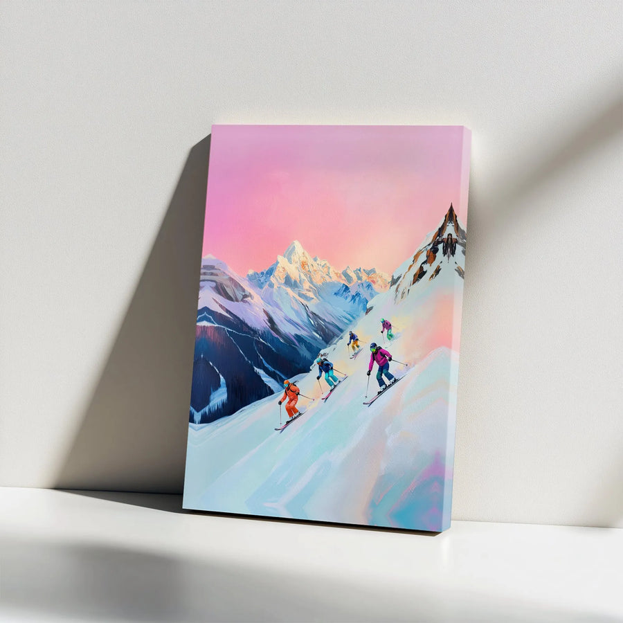 Skiing Wall Art Canvas Print | Vibrant Mountain Sunset Scene | Premium Gallery Canvas | Ski Lodge Decor Gift for Skier