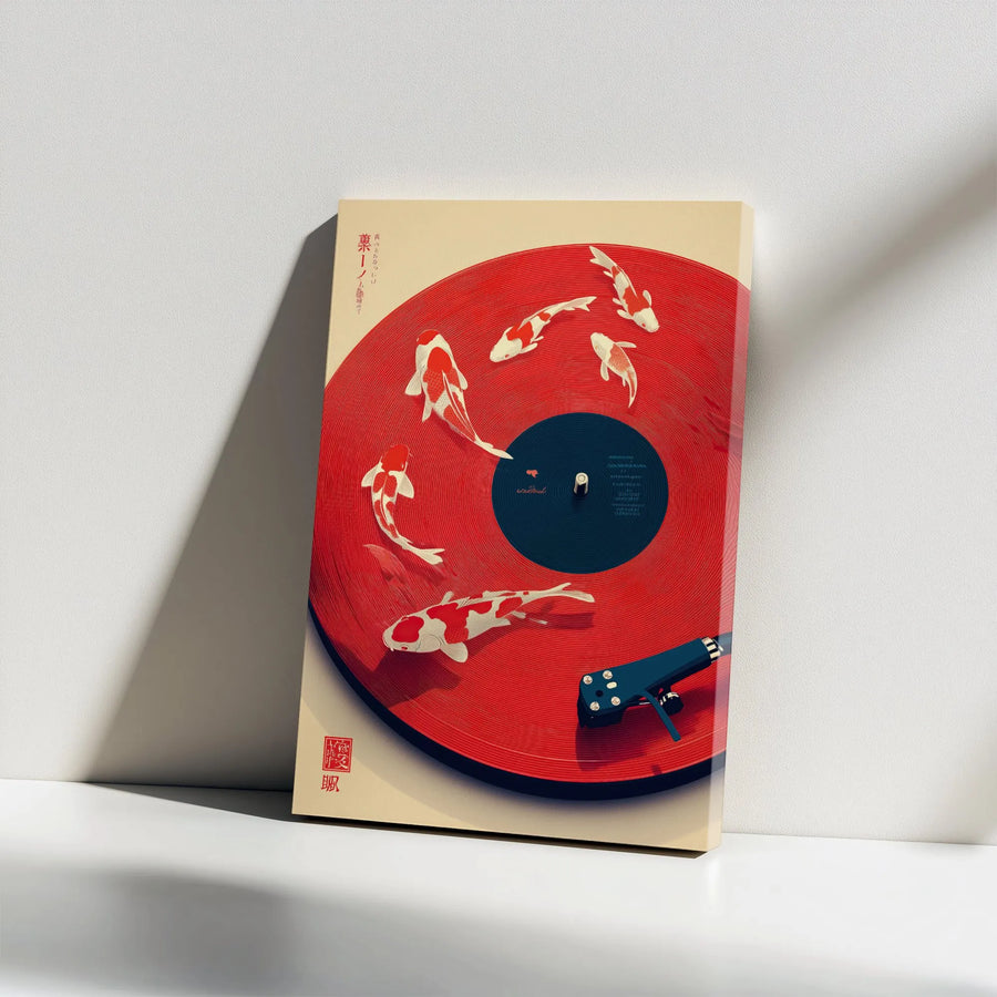 Japanese Koi Fish Vinyl Record Canvas Wall Art | Surreal Retro Music Decor | Premium Gallery Wrap Print | Unique Gift for Vinyl Collectors & Audiophiles