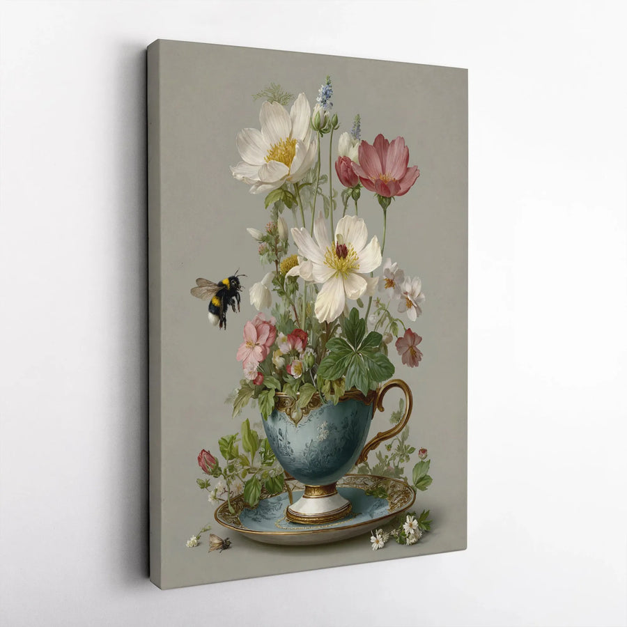 Vintage Floral Teacup Canvas Art | Botanical Bumblebee Wall Decor | Premium Fade-Resistant Print | Elegant Cottagecore Home Gift