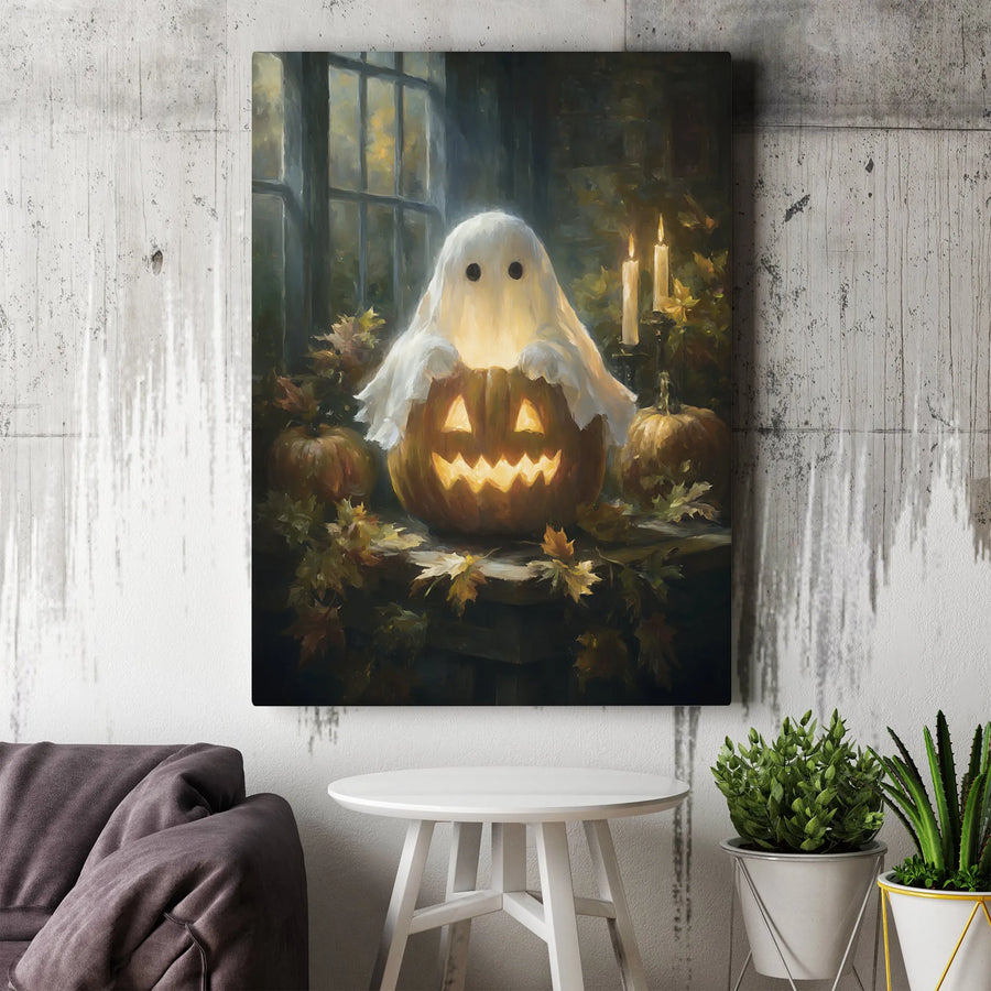 Cute Ghost in Pumpkin Canvas Wall Art | Spooky Halloween Jack-O-Lantern Decor | Premium Fade-Resistant Print | Gothic Seasonal Home Gift