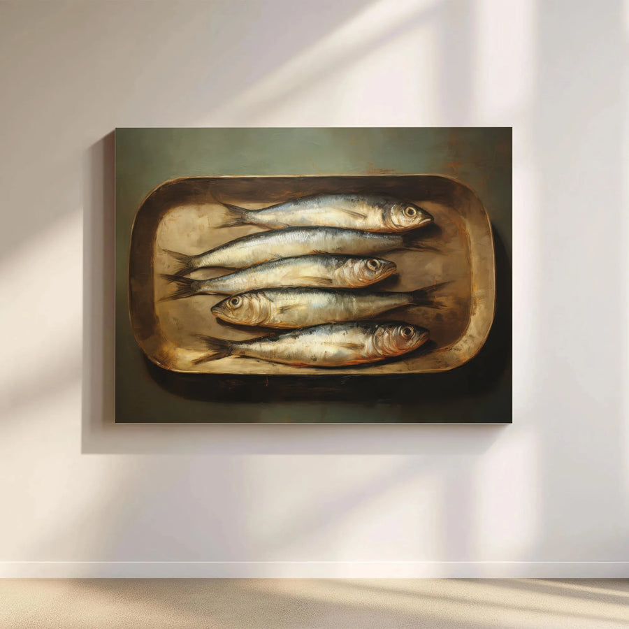 Sardine Canvas Wall Art | Rustic Still Life Fish Painting | Premium Gallery Wrap Canvas | Kitchen & Dining Room Decor Gift