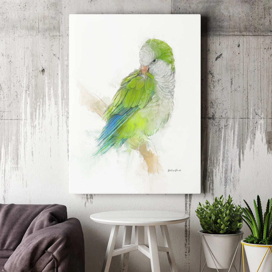 Quaker Parrot Canvas Wall Art | Watercolor Green Monk Parakeet Print | Gallery Quality 1.25 Inch Profile | Bird Lover Gift Home Decor