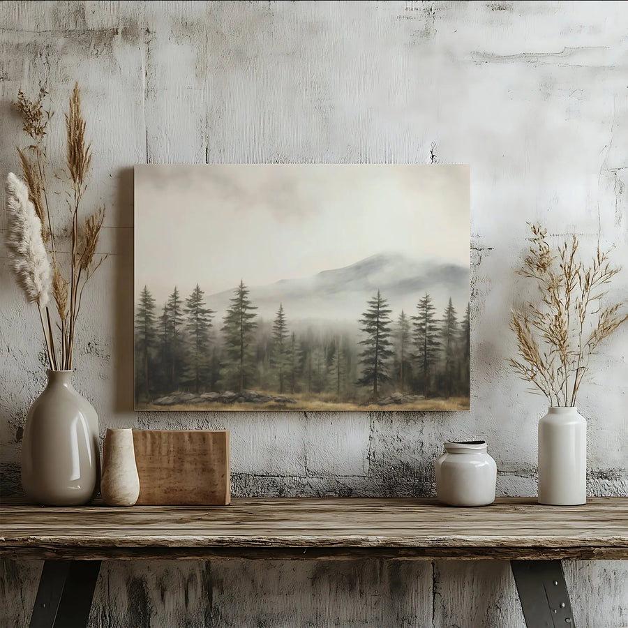 Foggy Mountain Forest Canvas Wall Art | Misty Pine Trees Landscape | Premium Gallery Wrapped Print | Modern Minimalist Home Decor Gift