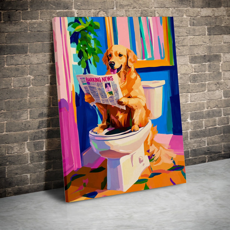 Funny Dog on Toilet Wall Art | Golden Retriever Reading Newspaper Print | Premium Gallery Wrap Canvas | Unique Bathroom Decor Gift for Dog Lover
