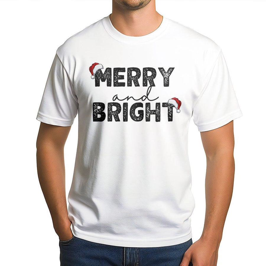 Merry And Bright Christmas T-Shirt | Distressed Santa Hat Holiday Graphic Tee | Premium 100% Cotton Apparel | Cute Matching Xmas Gift For Couples