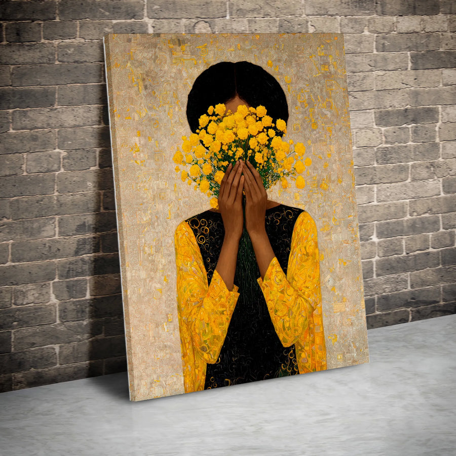 Black Woman with Flowers Canvas Print | Vibrant Yellow Floral Portrait | Premium Gallery Wrapped Canvas | Modern Home Decor Gift for Her