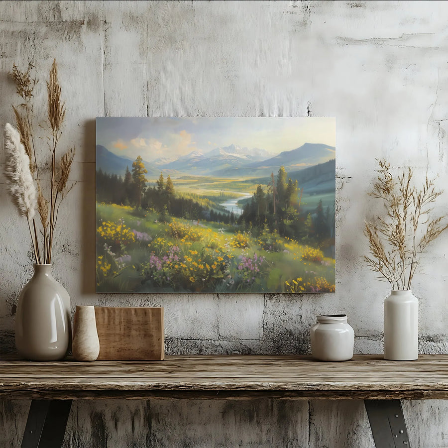 Mountain Valley Landscape Canvas | Wildflower Meadow Art Print | 1.25 Inch Gallery Wrap | Nature Wall Decor for Living Room
