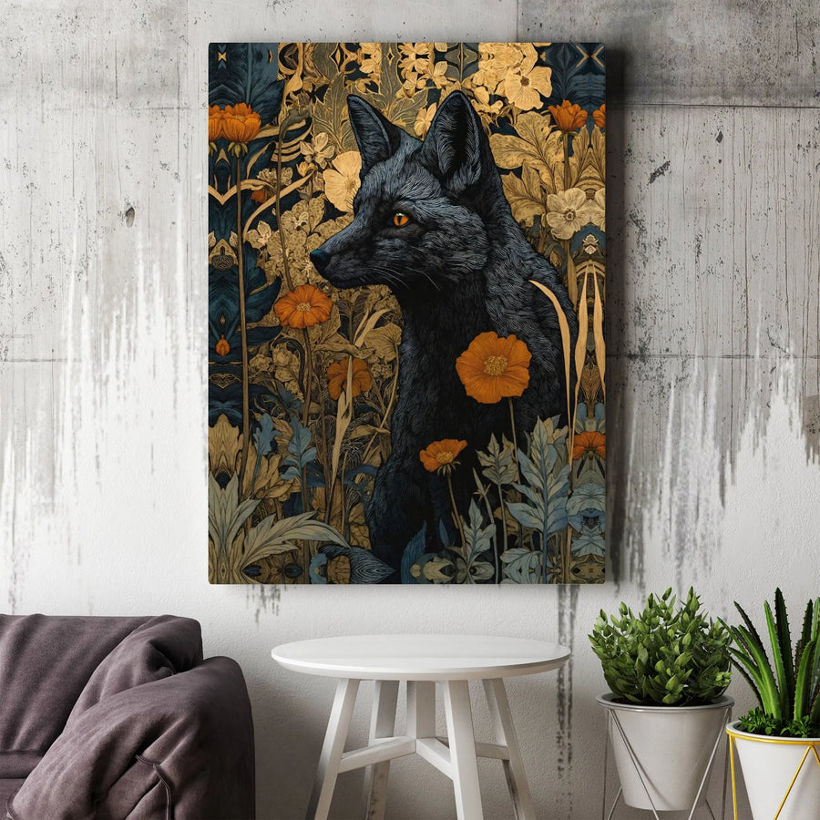 Black Fox Canvas Wall Art | Art Nouveau Floral Nature Print | Premium Gallery Wrap Decor | Wildlife Lover Gift For Home Office