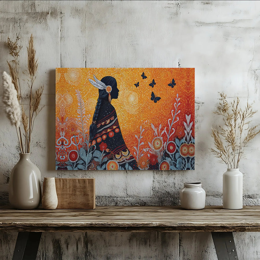 Aboriginal Dot Art Canvas | Indigenous Woman and Butterfly Wall Decor | Premium 1.25-Inch Gallery Wrap | Spiritual Cultural Gift for Home