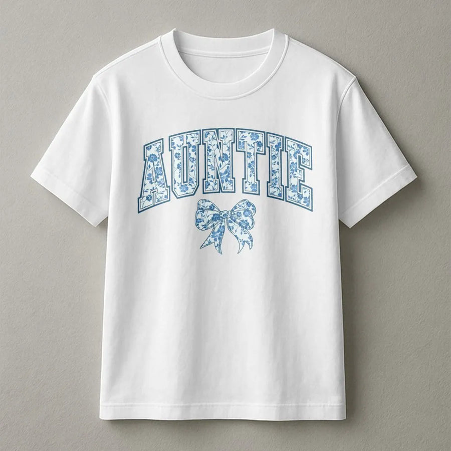 Auntie T-Shirt | Cute Blue Floral Bow Design | Cozy Crewneck Pullover | Gift for New Aunt, Pregnancy Announcement