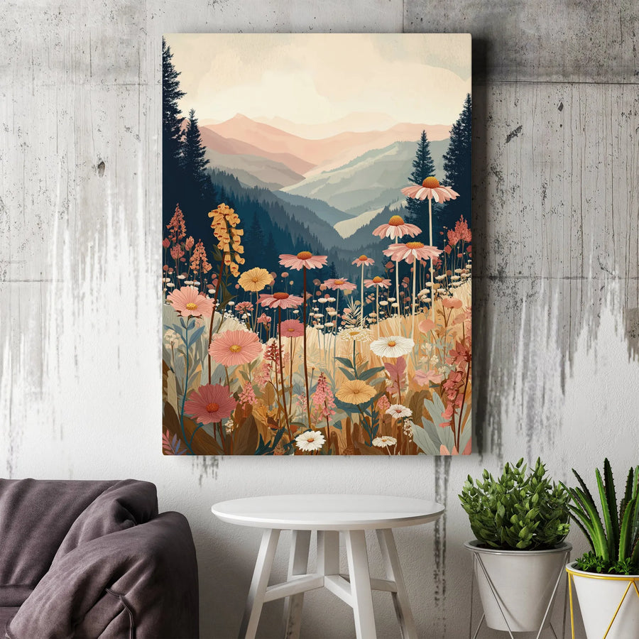 Boho Mountain Meadow Canvas Art | Wildflower Landscape with Pine Trees | Premium Fade-Resistant Print | Wall Decor for Home and Office