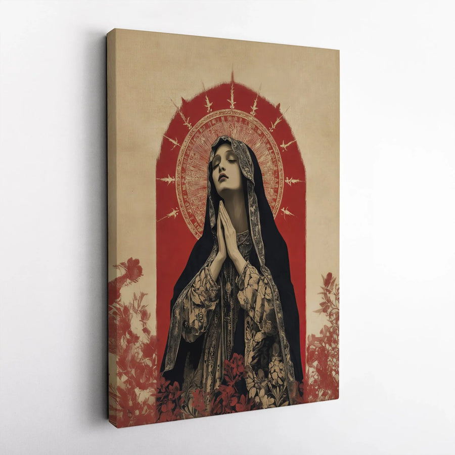 Virgin Mary Wall Art | Praying Madonna Red Halo Design | Premium Gallery Wrap Canvas | Religious Home Decor Gift