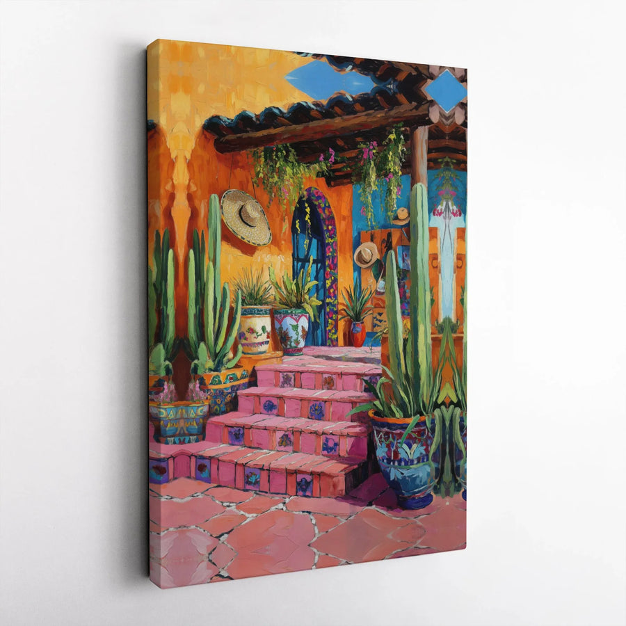 Mexican Hacienda Wall Art | Vibrant Cactus Courtyard Painting | Premium Gallery-Wrapped Canvas | Southwestern Home Decor Gift