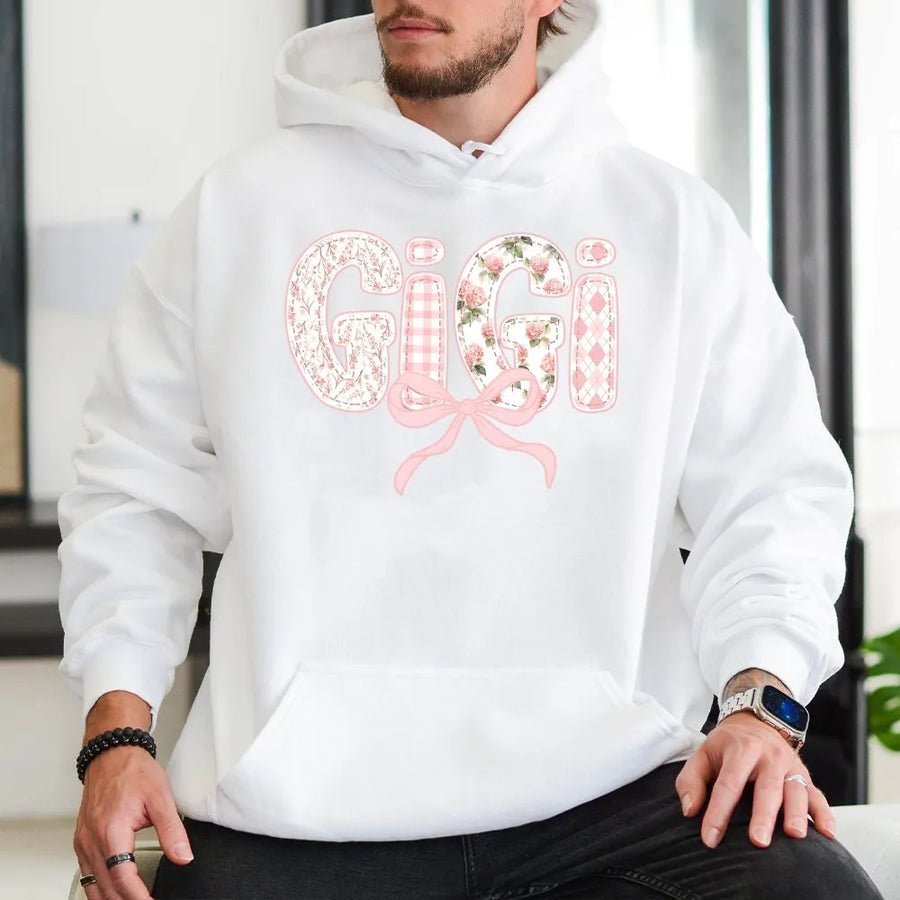 Gigi Hoodie | Pink Floral Applique Style Letters | Soft Cotton Blend | Premium Mother's Day Gift for New Grandma