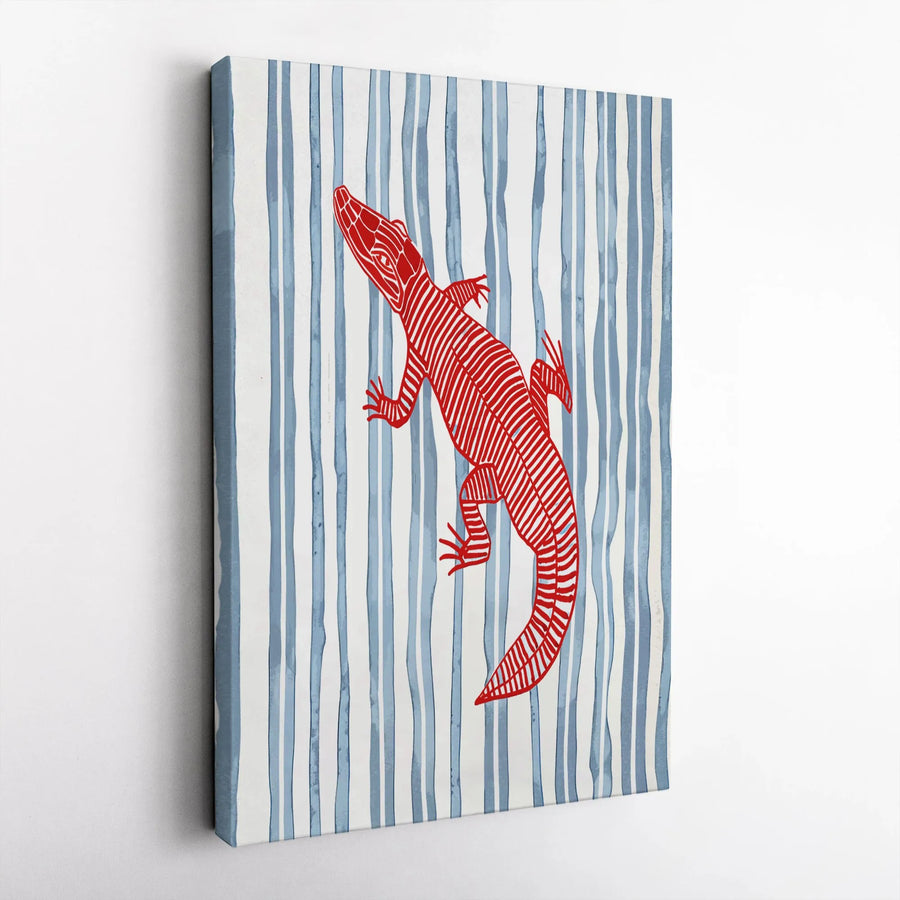 Alligator Wall Art | Abstract Red Gator Print on Blue Striped Background | Premium Gallery-Wrapped Canvas | Modern Wildlife Home Decor Gift