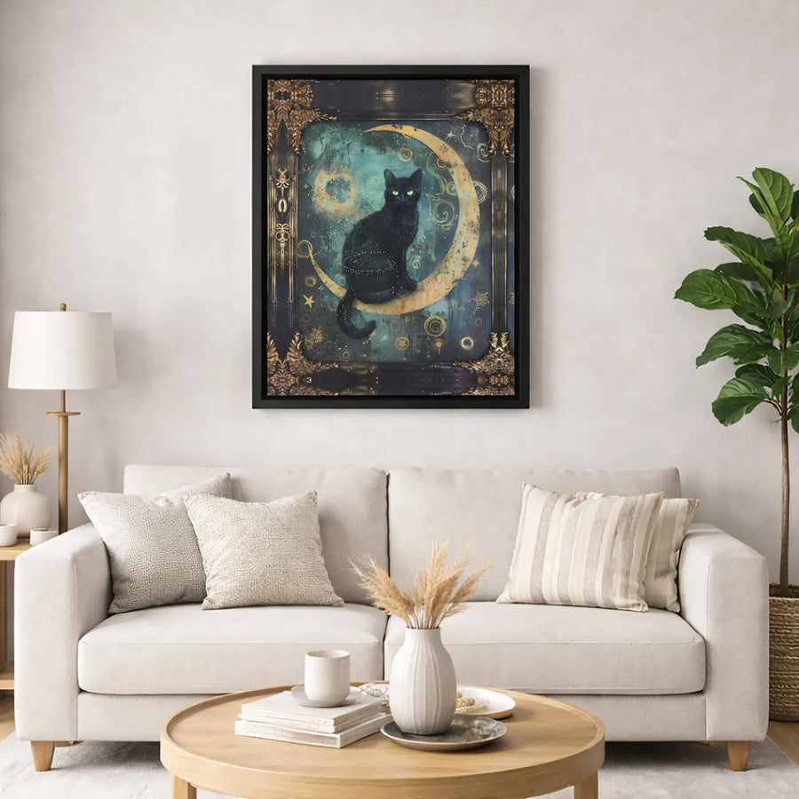Black Cat Wall Art | Celestial Moon Witchy Decor | Gallery Wrapped Premium Canvas | Mystical Gothic Home Gift for Cat Lovers