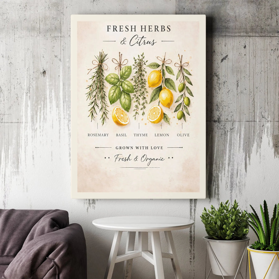 Vintage Herbs and Citrus Vertical Canvas | Botanical Kitchen Wall Art Print | Premium Fade-Resistant Gallery Wrap | Farmhouse Housewarming Gift