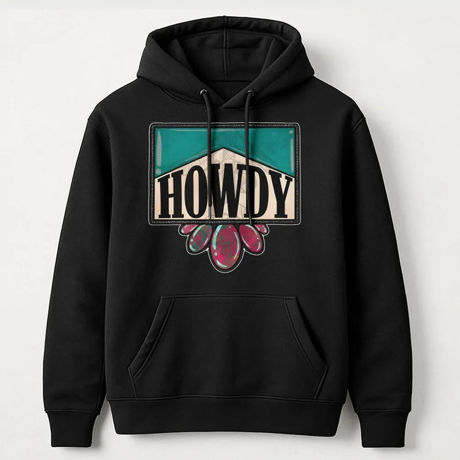 Howdy Western Hoodie | Vintage Turquoise Gem Graphic | Premium Cotton Blend | Cowgirl Aesthetic Gift for Her