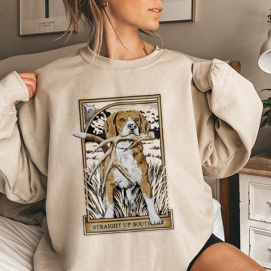 Beagle Shed Hunting Sweatshirt | Straight Up South Graphic Deer Antler Dog Art | Premium Cotton Blend | Nature Lover Gift for Him and Her