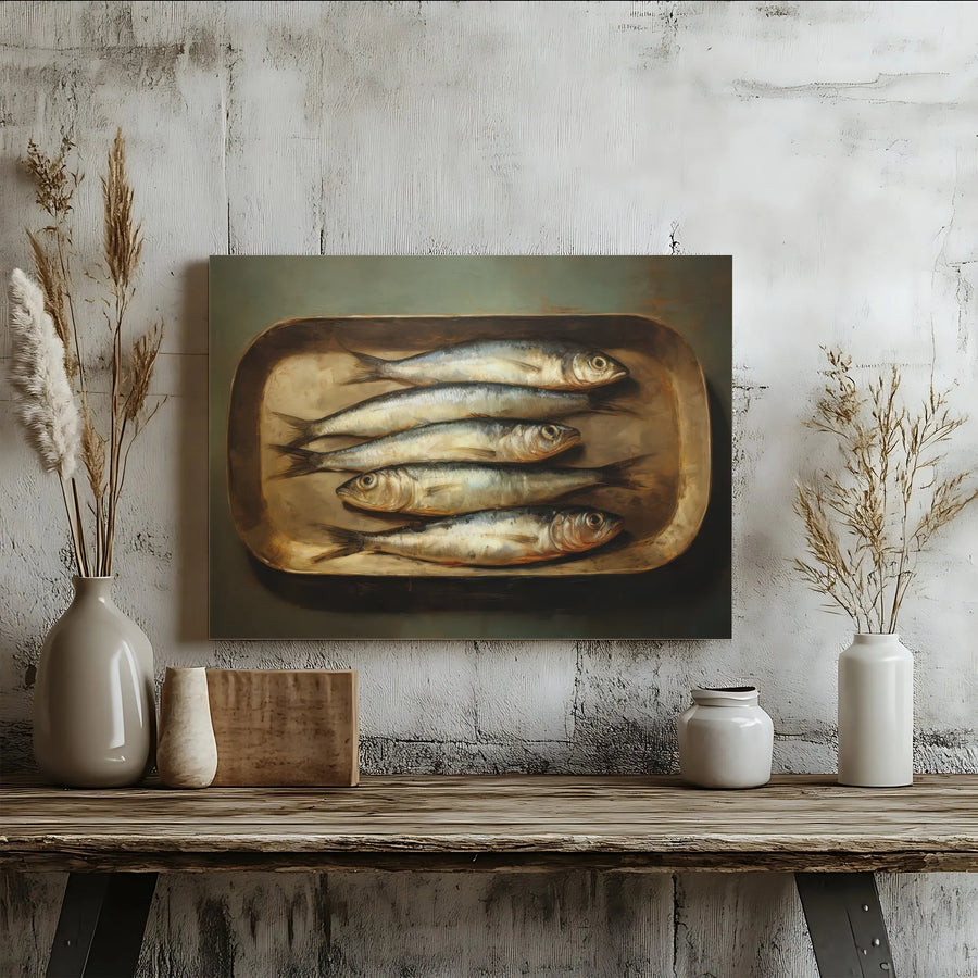 Sardine Canvas Wall Art | Rustic Still Life Fish Painting | Premium Gallery Wrap Canvas | Kitchen & Dining Room Decor Gift