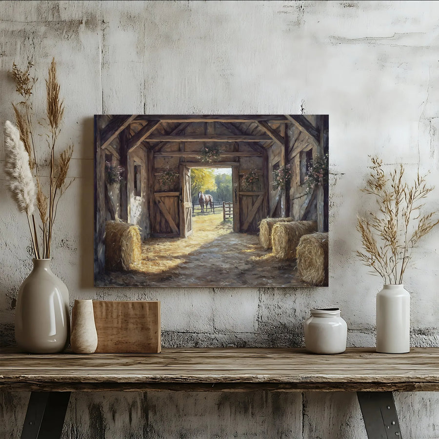 Rustic Barn Scene Horizontal Canvas | Country Farmhouse Horse Wall Art | Premium Fade-Resistant Gallery Wrap Print | Warm Vintage Cottage Decor Gift