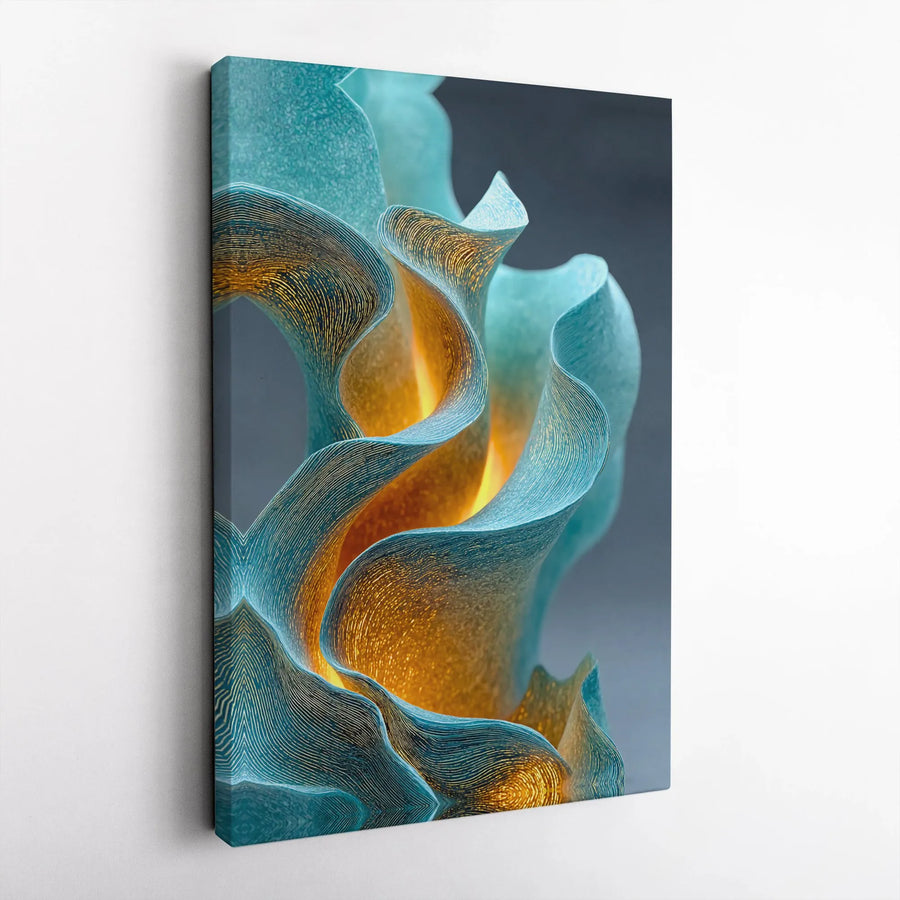 Abstract Teal and Gold Canvas Wall Art | Modern Wavy Fluid Design | Premium 1.25" Gallery Wrap | Luxury Home and Office Decor
