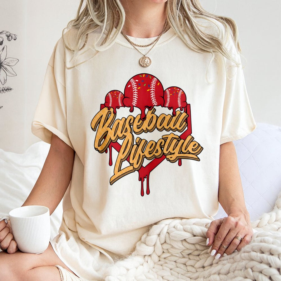 Baseball Lifestyle T-Shirt | Dripping Ice Cream Graphic | 100% Premium Cotton | Unique Sports Gift for Baseball Players and Fans