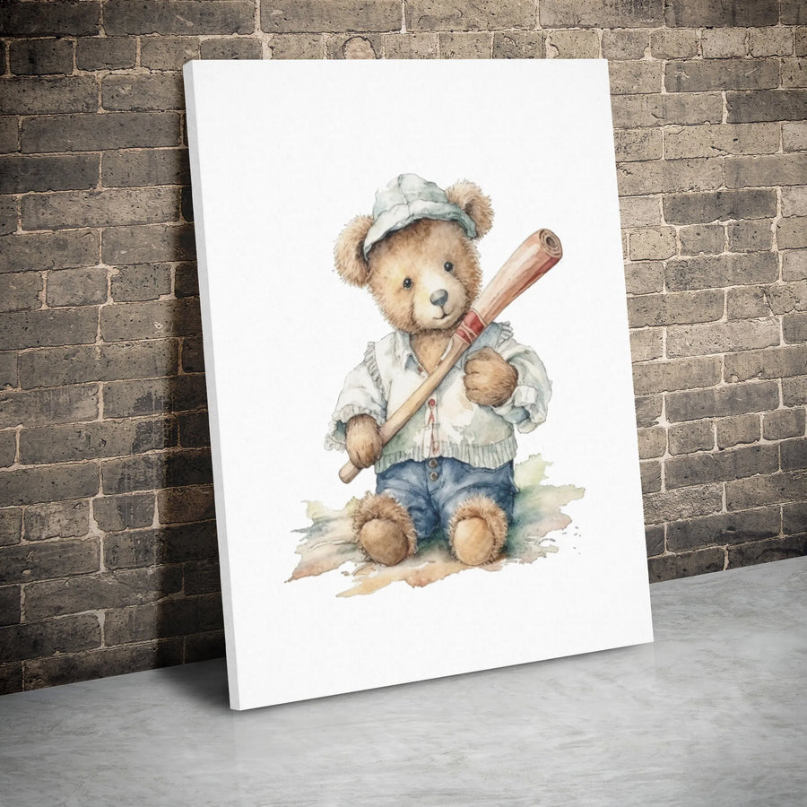 Baseball Teddy Bear Canvas Wall Art | Watercolor Nursery Sport Print | Gallery Wrap Premium Decor | Gift for Baseball Lover Boy