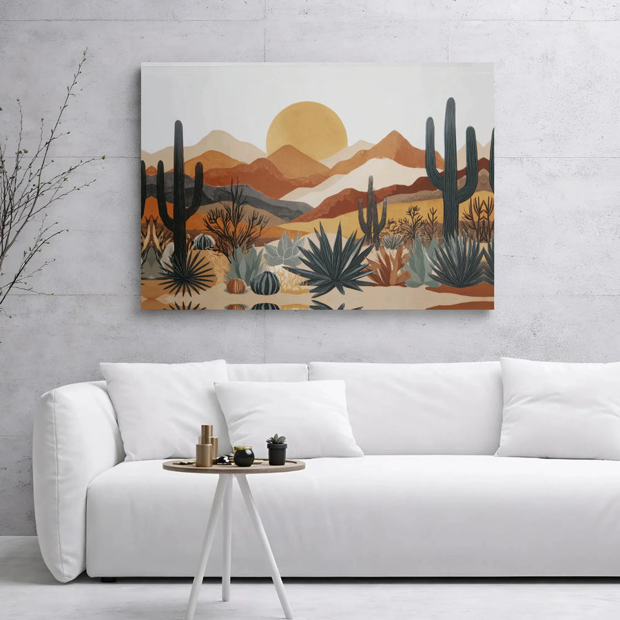 Boho Desert Landscape Wall Art | Mid-Century Modern Cactus & Mountain Print | Premium Gallery Wrapped Canvas | Minimalist Home Decor Gift