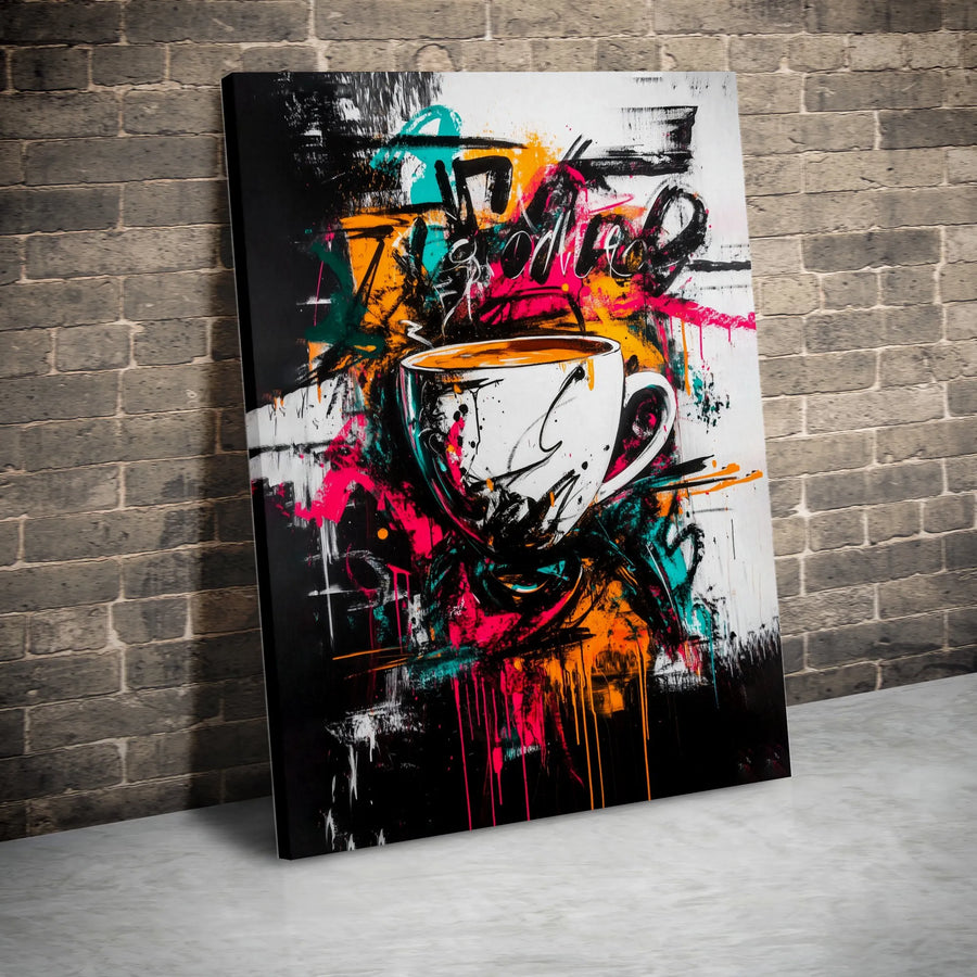 Abstract Coffee Cup Canvas Wall Art | Street Art Graffiti Style Print | Premium Fade-Resistant Ink | Modern Kitchen Decor Gift for Coffee Lover