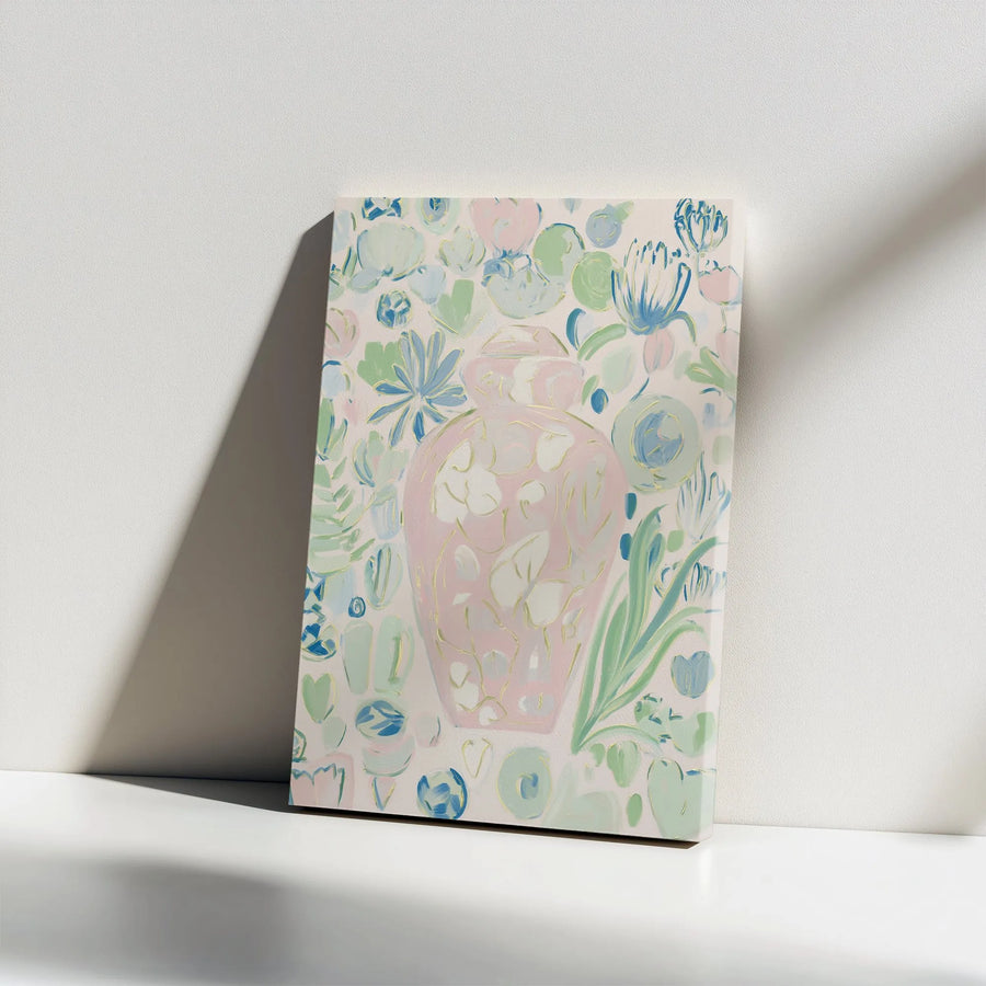 Pastel Floral Vase Canvas Print | Impressionist Ginger Jar Art | Premium Gallery Wrapped Canvas | Grandmillennial Living Room Decor