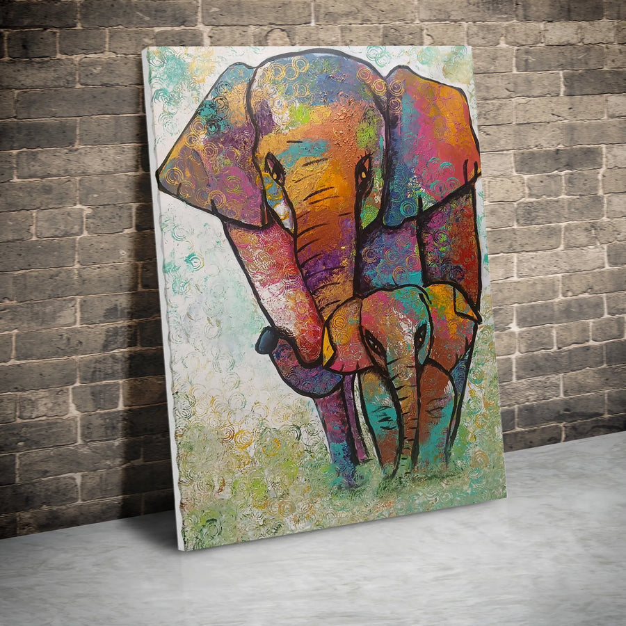 Colorful Elephant Canvas Wall Art | Abstract Mother and Baby Painting | Premium Fade-Resistant Print | Nursery Decor Gift for New Parents