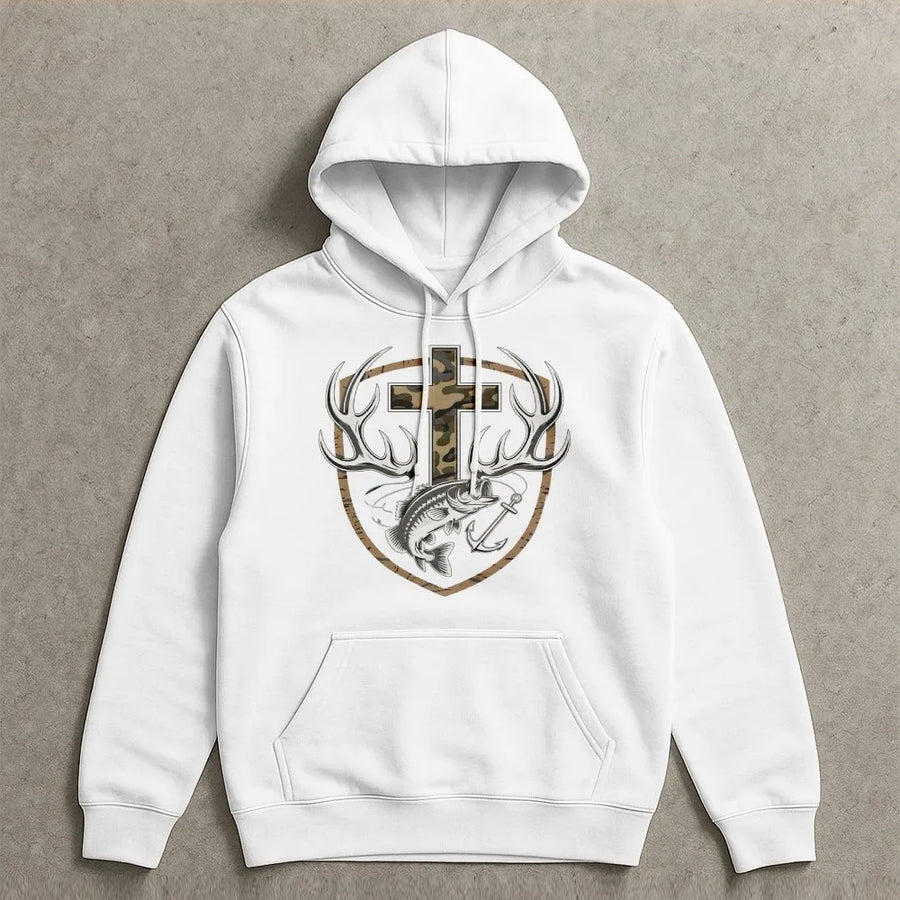 Christian Faith Hunting Fishing Hoodie | Camo Cross Antler Bass Graphic | Premium Cotton Blend | Religious Outdoorsman Gift for Men and Women