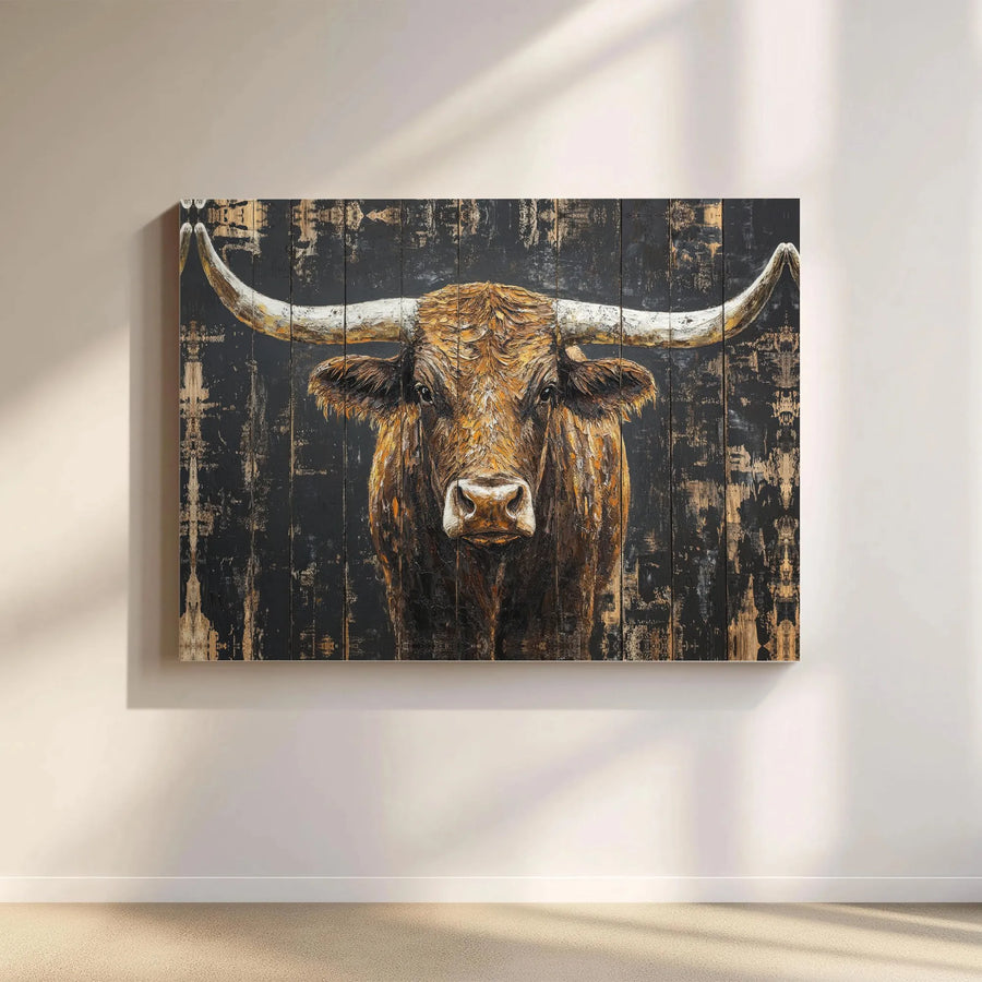Texas Longhorn Canvas Wall Art | Textured Western Bull Painting on Distressed Wood Panel Style | Premium Gallery Wrapped Canvas | Farmhouse Living Room Decor Gift for Men