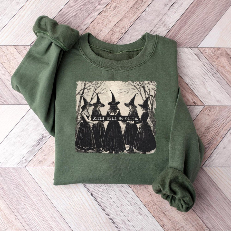 Girls Will Be Girls Witch Sweatshirt | Vintage Aesthetic Gothic Design | Premium Cotton-Poly Blend | Cozy Halloween Gift for Women