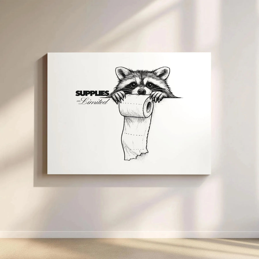 Funny Raccoon Bathroom Art Canvas | 'Supplies Are Limited' Sketch | Premium Gallery Canvas | Humorous Guest Bathroom Decor Gift