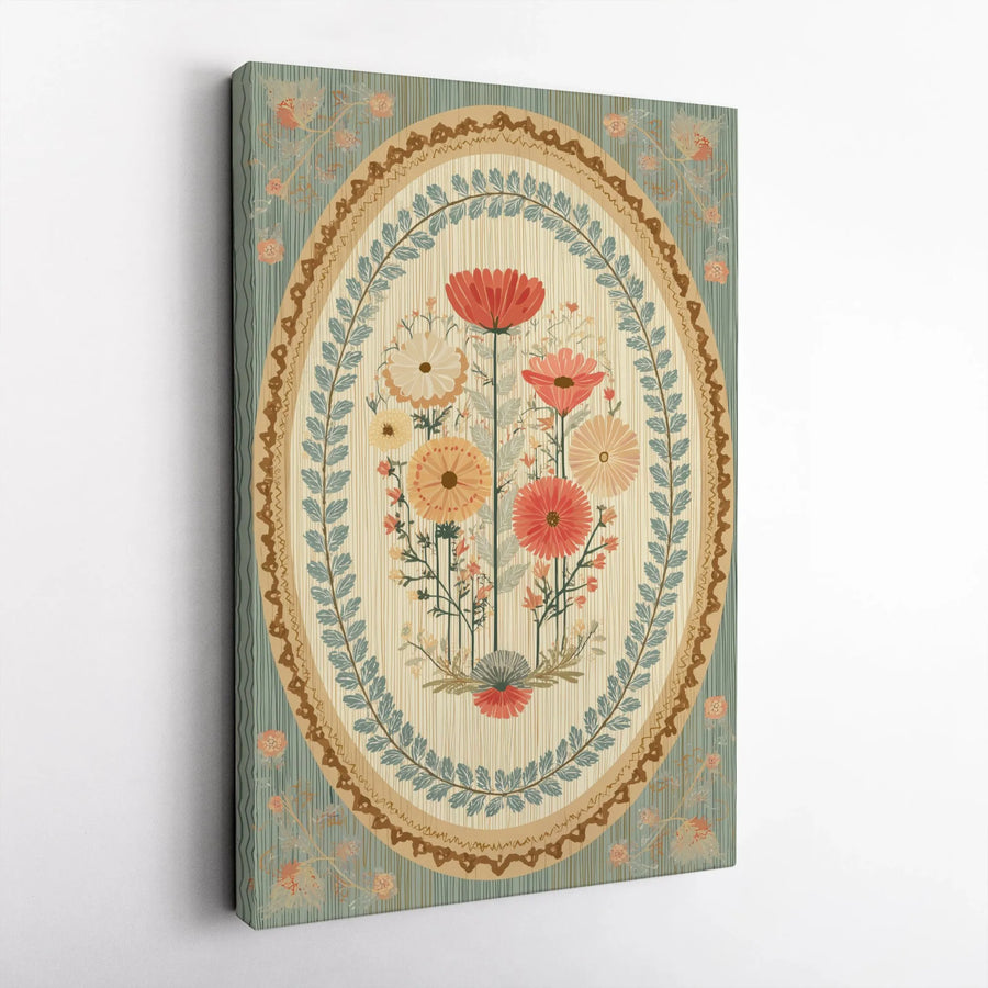 Vintage Floral Vertical Canvas | Scandinavian Folk Art Flower Bouquet | Premium Gallery Wrapped Canvas | Boho Farmhouse Wall Decor Gift