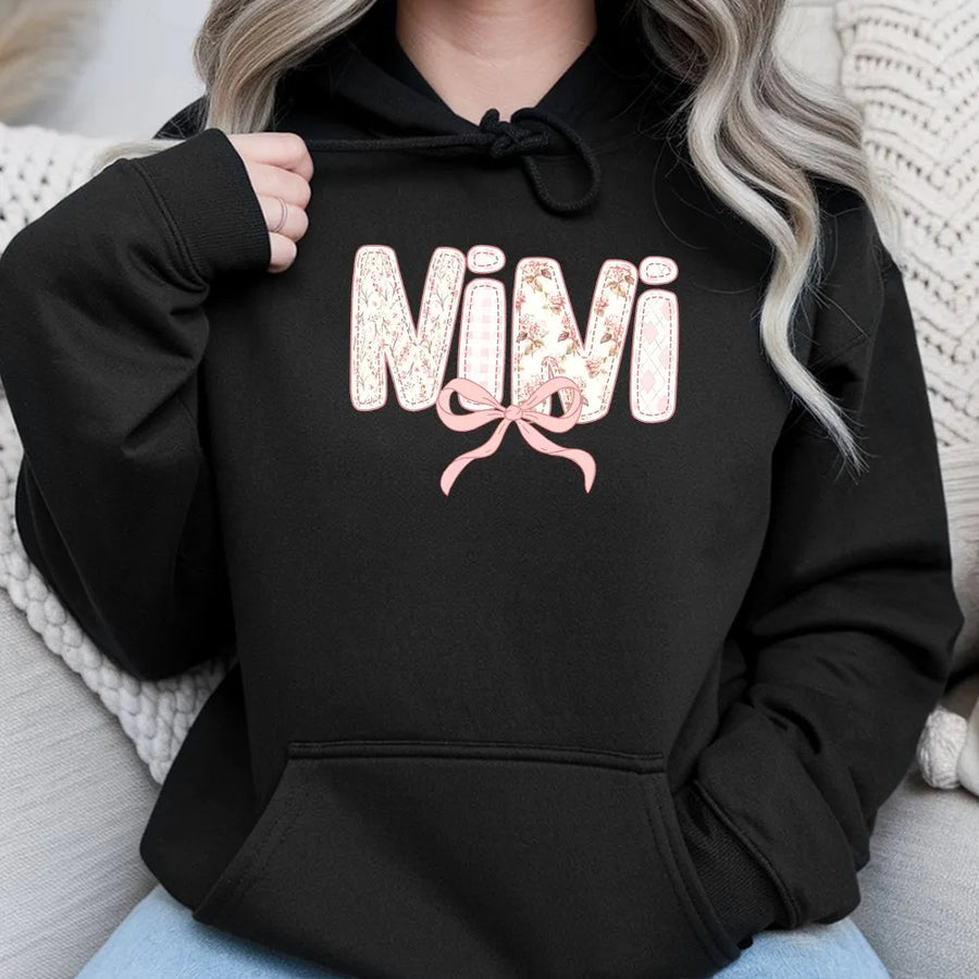 Mimi Hoodie | Floral Patchwork Letters with Pink Bow | Premium Cotton Blend | Gift for Grandma, Mother's Day, Pregnancy Announcement