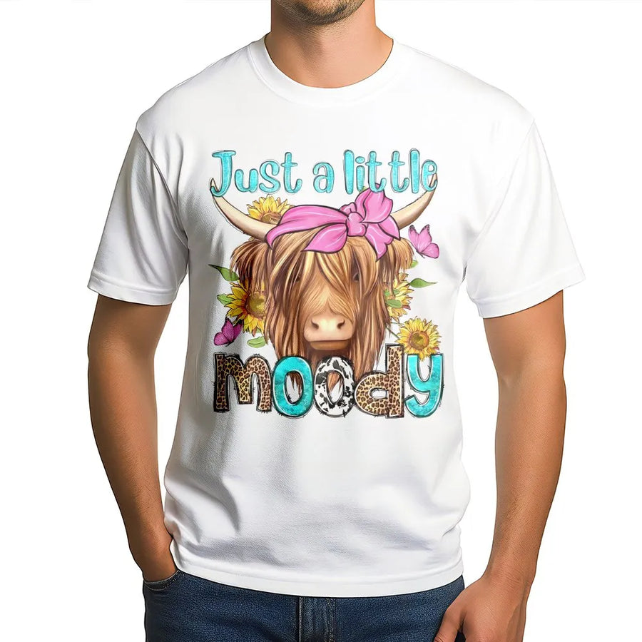 Just A Little Moody Highland Cow T-Shirt | Boho Sunflower Animal Graphic | Premium Soft Cotton Tee | Funny Farm Animal Gift For Women